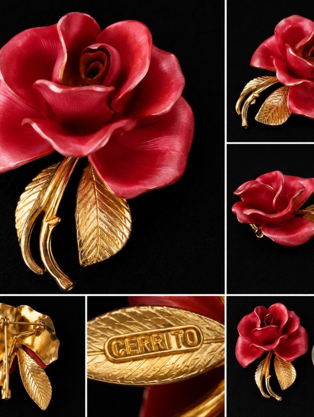 Vintage Signed Cerrito Red Rose Brooch Gold Tone Floral Pin Romantic Statement